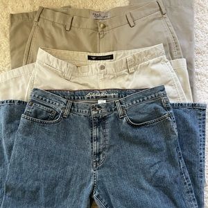 Eddie Bauer, Izod, dockers. Three pairs of pants. Size 36 x30